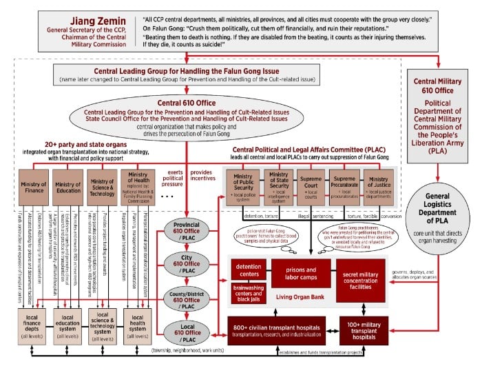 The CCP and the 610 Office's roles in the forced Falun Gong practitioners's organ harvesting system.